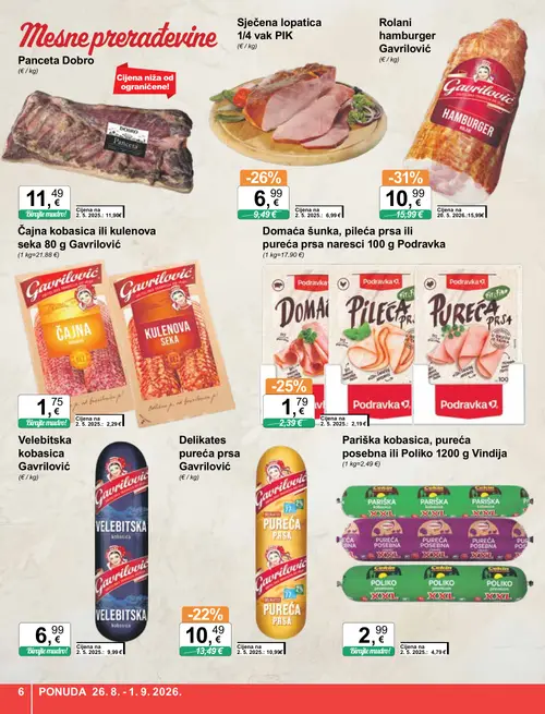 KTC katalog — stranica 6: Vindija Parishka kobasica, pureća posebna ili Poliko 1200 g, Gavrilović Rolani hamburger Gavrilović, Gavrilović Velebitska kobasica, PIK Sječena lopatica 1/4 vak PIK (vrijedi 26. 08. 2026.–01. 09. 2026.)