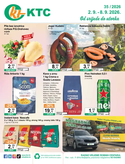 KTC katalog — stranica 1: Lavazza Kava u zrnu 1 kg Crema e Gusto, Reklamna kobasica Sablić, Scotti Riža Arborio, Nescafe Instant kava Nescafe 2 u 1 80 g, 3 u 1 classic 155 g, strong 140 g, creamy latte 150 g (vrijedi 02. 09. 2026.–08. 09. 2026.)