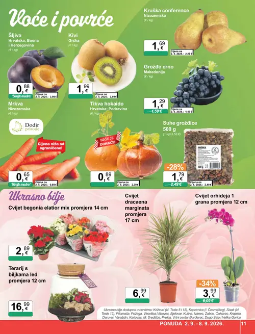 KTC katalog — stranica 11: Grožđe crno Makedonija, Tikva hokkaido Hrvatska, Podravina, Cvijet orhideja 1 grana promjera 12 cm, Suhe grožđice (vrijedi 02. 09. 2026.–08. 09. 2026.)