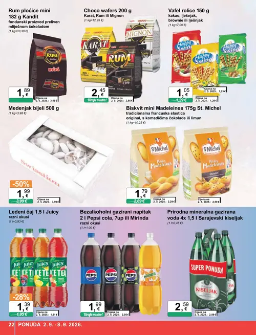 KTC katalog — stranica 22: St. Michel Biskvit mini Madeleines 175g, Juicy Ledeni čaj 1,5 l Juicy razni okusi, Vafel rolice 150 g, Pepsi Bezalkoholni gazirani napitak 2 l Pepsi cola, 7up ili Mirinda razni okusi (vrijedi 02. 09. 2026.–08. 09. 2026.)