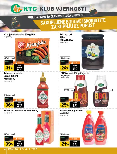 KTC katalog — stranica 24: Mcllhenny Tabasco umak 60 ml Mcllhenny, Mcllhenny Tabasco sriracha umak 256 ml Mcllhenny, PIK Kranjska kobasica 300 g PIK, Zvijezda BBQ umaci 500 g Zvijezda blagi ili ljuti (vrijedi 02. 09. 2026.–08. 09. 2026.)