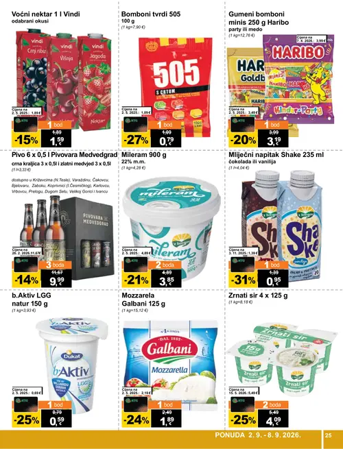 KTC katalog — stranica 25: Mliječni napitak Shake 235 ml čokolada ili vanilija, Bomboni tvrdi 505, Zrnati sir 4 x 125 g, Dukat b.Aktiv LGG natur 150 g (vrijedi 02. 09. 2026.–08. 09. 2026.)