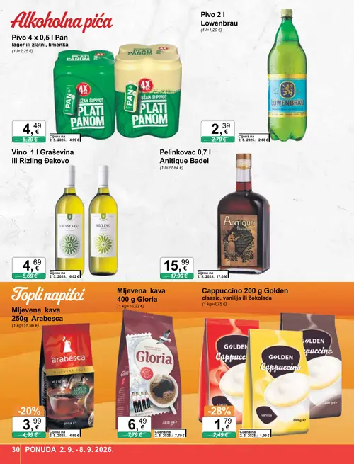 KTC katalog — stranica 30: Golden Cappuccino Golden classic, vanilija ili čokolada, Mljevena kava Arabesca, Vino Graševina ili Rizling Đakovo, Gloria Mljevena kava Gloria (vrijedi 02. 09. 2026.–08. 09. 2026.)