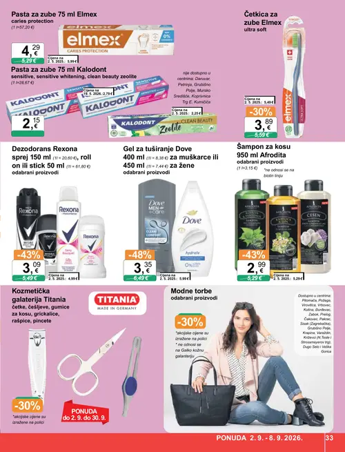 KTC katalog — stranica 33: Dove Gel za tuširanje Dove, Rexona Dezodorans Rexona, Afrodita Šampon za kosu 950 ml Afrodita, Elmex Četkica za zube Elmex ultra soft (vrijedi 02. 09. 2026.–08. 09. 2026.)