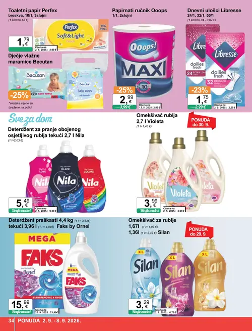 KTC katalog — stranica 34: Silan Omekšivač za rublje 1,67 l Silan, Violeta Omekšivač rublja 2,7 l Violeta, Faks by Ornel Deterdžent praškasti 4,4 kg tekući 3,96 l Faks by Ornel, Oooops! Papirnati ručnik Oooops 1/1, 2slojni (vrijedi 02. 09. 2026.–08. 09. 2026.)