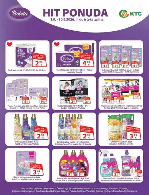 KTC katalog — stranica 35: Violeta Papirnati ručnik 1/1 Multi PRO 3sl, Violeta Deterdžent za rublje Anti Age 3,96l (Color, Black, Blushing Bloom), Violeta Staklosjaj Fresh 750ml+Refil Symphony, Sredstvo za pod Luxuriou+Multiuse maramice 56/1, Violeta Dječje vlažne maramice Baby Soft 51/1 med i kamilica (vrijedi 02. 09. 2026.–08. 09. 2026.)