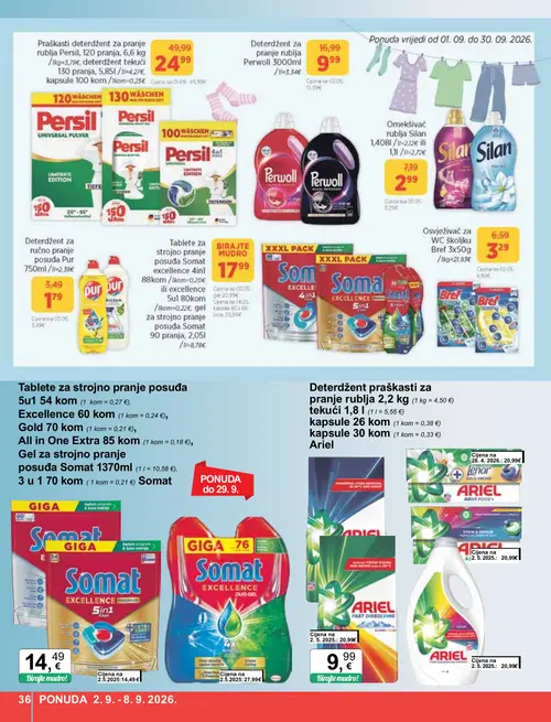 KTC katalog — stranica 36: Silan Omekšivač rublja Silan 1,408l, Bref Osvježivač za WC školjku Bref 3x50g, Persil Praškasti deterdžent za pranje rublja Persil, 120 pranja, 6,6 kg, Pur Deterdžent za ručno pranje posuđa Pur 750ml (vrijedi 02. 09. 2026.–08. 09. 2026.)
