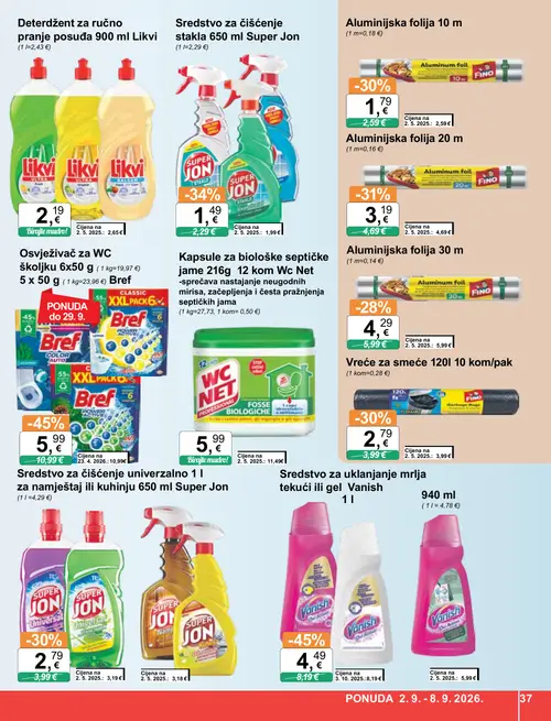 KTC katalog — stranica 37: Wc Net Kapsule za biološke septičke jame, Bref Osvježivač za WC školjku, Vanish Sredstvo za uklanjanje mrlja, Super Jon Sredstvo za čišćenje stakla (vrijedi 02. 09. 2026.–08. 09. 2026.)