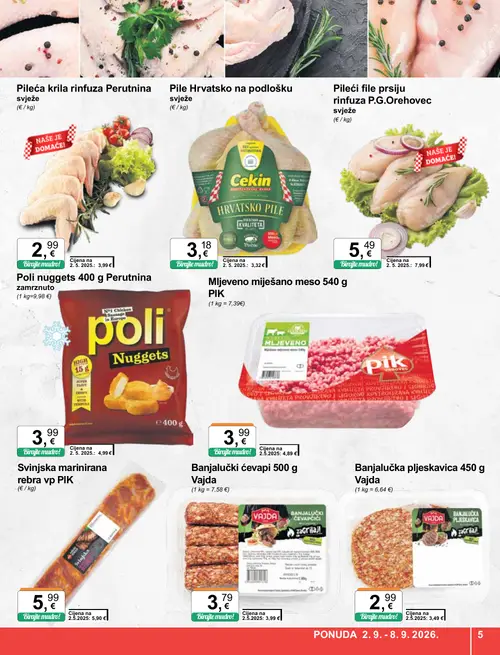 KTC katalog — stranica 5: P.G.Orahovec Pileći file prsiju rinfuza, Perutnina Pileća krila rinfuza, PIK Mljetveno miješano meso, Vajda Banjalučka pljeskavica (vrijedi 02. 09. 2026.–08. 09. 2026.)