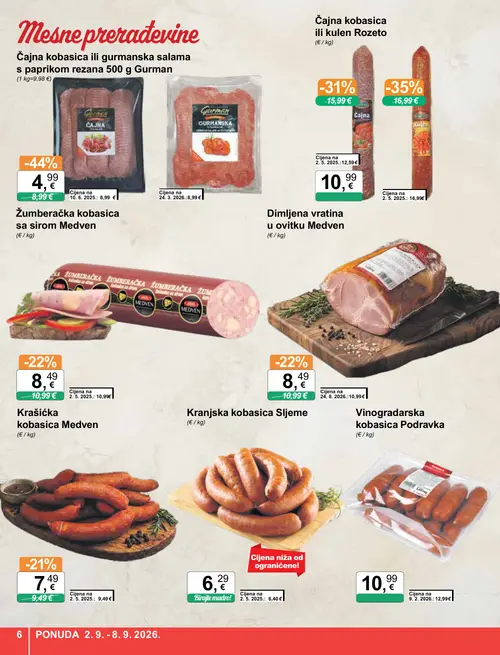 KTC katalog — stranica 6: Gurman Čajna kobasica ili gurmanska salama s paprikom, Medven Krašićka kobasica, Kobasica (vrijedi 02. 09. 2026.–08. 09. 2026.)