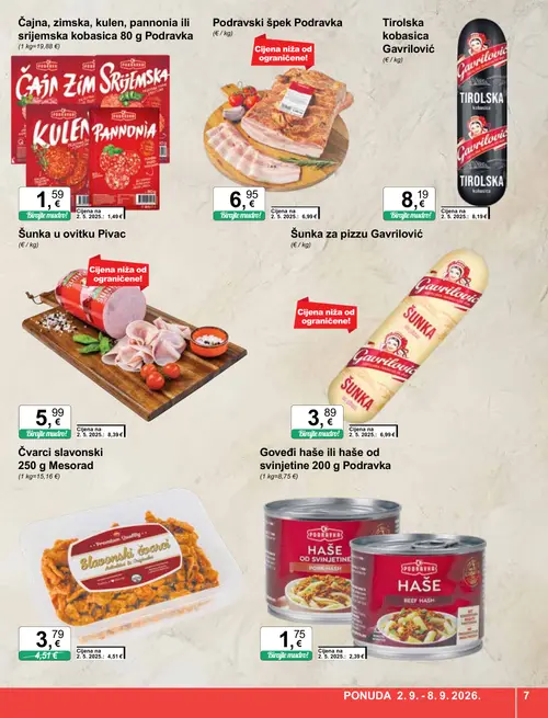 KTC katalog — stranica 7: Podravka Goveđi haše ili haše od svinjetine 200 g, Mesora Čvarci slavonski 250 g (vrijedi 02. 09. 2026.–08. 09. 2026.)