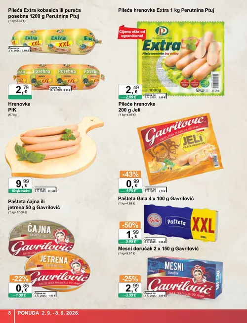 KTC katalog — stranica 8: Gavriloć Mesni doručak 2 x 150 g, Gavriloć Pašteta Gala 4 x 100 g, Perutnina Ptuj Pileća Extra kobasica ili pureća posebna 1200 g, Gavriloć MESNI doručak (vrijedi 02. 09. 2026.–08. 09. 2026.)