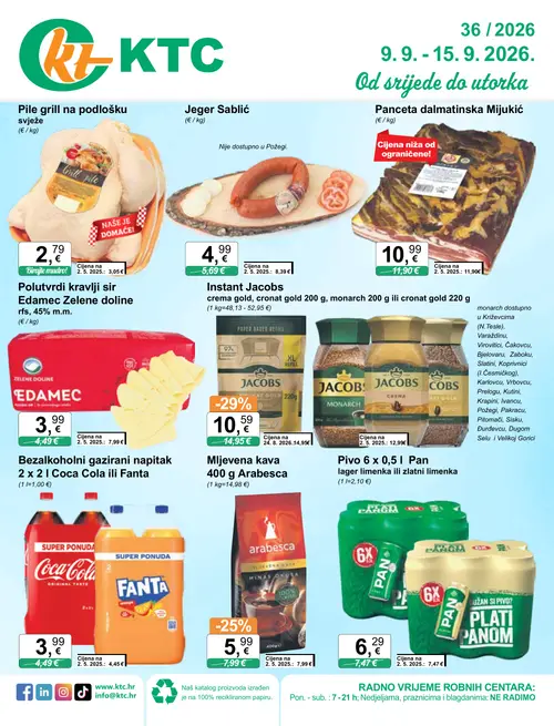 KTC katalog — stranica 1: Jacobs Instant Jacobs crema gold, cronat gold 200 g, monarch 200 g ili cronat gold 220 g, Arabesca Mljekvena kava 400 g Arabesca, Pan Pivo 6 x 0,5 l Pan lager limenka ili zlatni limenka, Jeger Sablić (vrijedi 09. 09. 2026.–15. 09. 2026.)