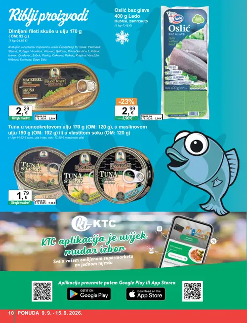 KTC katalog — stranica 10: Franz Josef Tuna steak u suncokretovom ulju, Ledo Osljić bez glave, Franz Josef Fileti skuše u ulju (vrijedi 09. 09. 2026.–15. 09. 2026.)