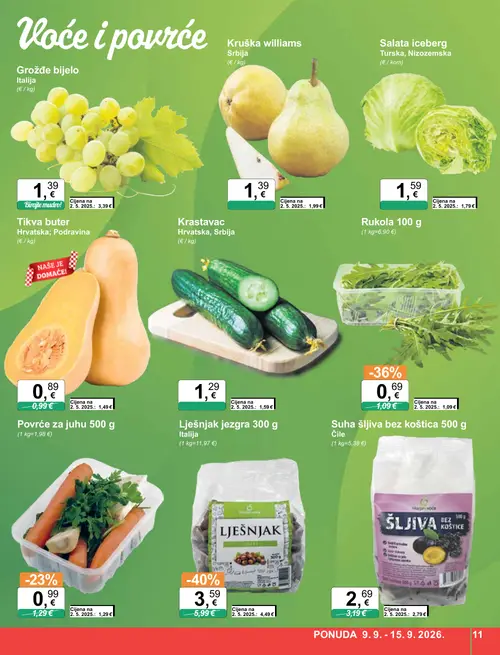 KTC katalog — stranica 11: Lješnjak jezgra 300 g, Rukola 100 g, Povrće za juhu 500 g, Suha šljiva bez koštica 500 g (vrijedi 09. 09. 2026.–15. 09. 2026.)