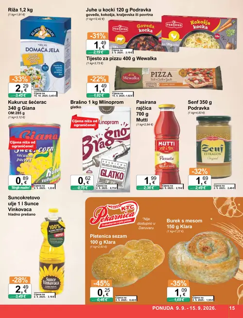 KTC katalog — stranica 15: Klara Pletenica sezam, Klara Burek s mesom, Zlato Polje Riža, Giana Kukuruz šećerac (vrijedi 09. 09. 2026.–15. 09. 2026.)
