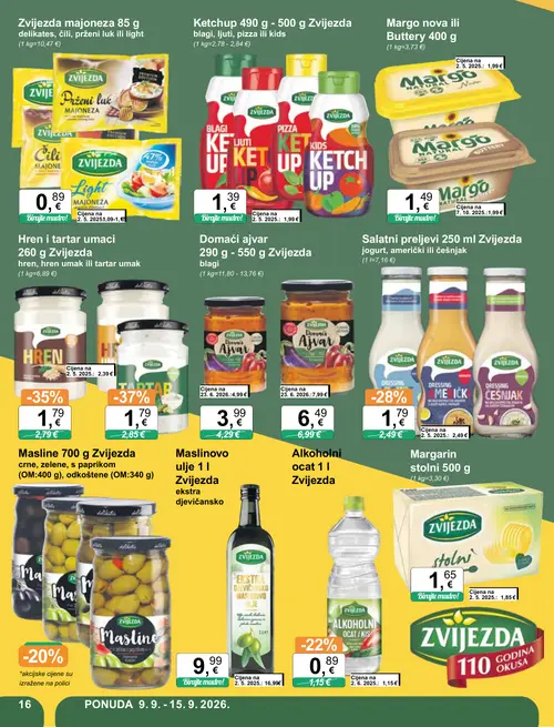 KTC katalog — stranica 16: Zvijezda Maslinovo ulje 1 l ekstra djevicansko, Zvijezda Tartar umak, Zvijezda Hren i tartar umaci 260 g, Zvijezda Ketchup blagi, ljuti, pizza ili kids 490 g - 500 g (vrijedi 09. 09. 2026.–15. 09. 2026.)
