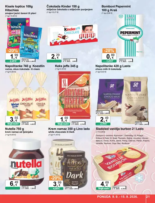 KTC katalog — stranica 21: Keks jaffa 345 g, Kraš Bomboni Pepermint 100 g, Koestlin Napolitanke 740 g Koestlin voćne, okus čokolada ili clasic, Hitschies (vrijedi 09. 09. 2026.–15. 09. 2026.)
