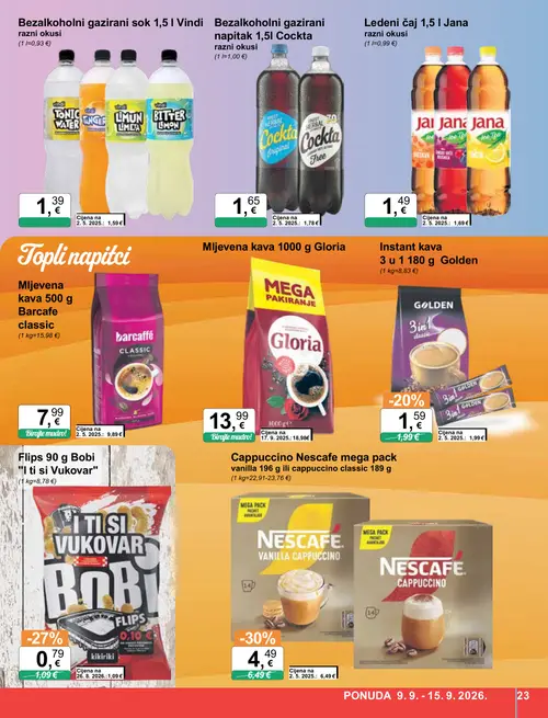 KTC katalog — stranica 23: Nescafe Cappuccino Nescafe mega pack vanilla 196 g ili cappuccino classic 189 g, Bobi Flips 90 g Bobi "I ti si Vukovar", Gloria Mljevena kava 1000 g Gloria, Golden Instant kava 3 u 1 180 g Golden (vrijedi 09. 09. 2026.–15. 09. 2026.)