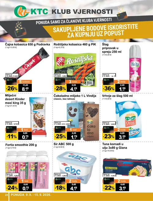 KTC katalog — stranica 24: Halta Šlag pripravak u spreju 250 ml, PIK Roštiljska kobasica 460 g, Podravka Čajna kobasica 650 g, Vindija Čokoladno mlijeko 1 L (vrijedi 09. 09. 2026.–15. 09. 2026.)