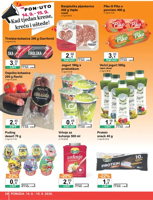 KTC katalog — stranica 26: Z BREGOV Protein snack 40 g, Puding desert 70 g, Z BREGOV Vrhunje za kuhanje 500 ml, RAVLIĆ Osječka kobasica 200 g (vrijedi 09. 09. 2026.–15. 09. 2026.)