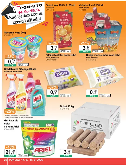 KTC katalog — stranica 28: Ariel Gel kapsule color, Bibo Vlažni toaletni papir, Vindi Voćni sok 4x1, Bibo Dječje vlažne maramice (vrijedi 09. 09. 2026.–15. 09. 2026.)