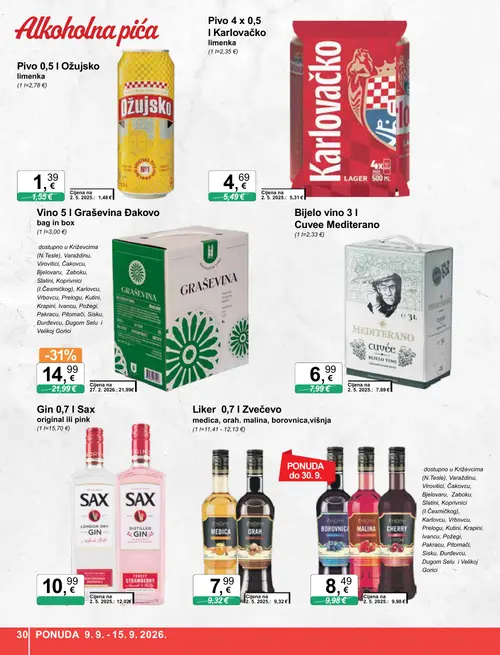 KTC katalog — stranica 30: Graševina Vino 5 l Graševina Đakovo bag in box, Mediterano Bijelo vino 3 l Cuvee Mediterano (vrijedi 09. 09. 2026.–15. 09. 2026.)