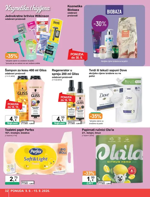 KTC katalog — stranica 32: Perfex Toaletni papir Perfex 16/1, troslojni, breskva, Gliss Regenerator u spreju 200 ml Gliss, Gliss Šampon za kosu 400 ml Gliss, Ola'la Papirnati ručnici Ola'la 2/1, 3sl, limun (vrijedi 09. 09. 2026.–15. 09. 2026.)