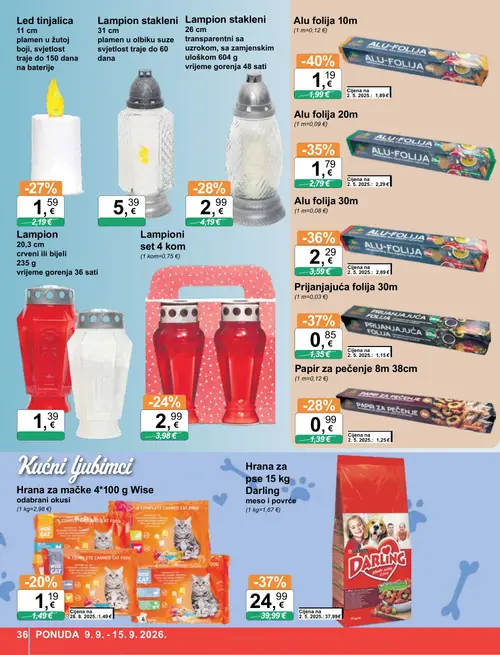 KTC katalog — stranica 36: Alu folija 10m, Darling Hrana za pse 15 kg Darling meso i povrće, Prijanjajuća folija 30m, Alu folija 30m (vrijedi 09. 09. 2026.–15. 09. 2026.)