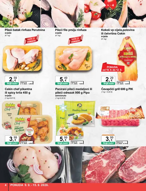 KTC katalog — stranica 4: PIK Ćevapčići grill, Pipo Panirani pileći medaljoni ili pileći odrezak, Cekin chef pikantna ili spicy krila (vrijedi 09. 09. 2026.–15. 09. 2026.)