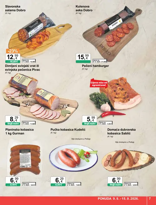 KTC katalog — stranica 7: Dimljeni svinjski vrat ili svinjska pečenica, Dobro Kulenova seka, Dobro Slavonska salama, Kobasica (vrijedi 09. 09. 2026.–15. 09. 2026.)