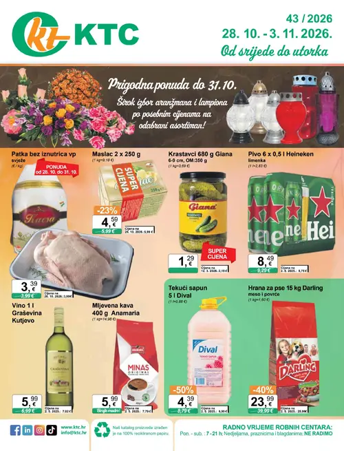 KTC katalog — stranica 1: Dival Tekući sapun 5 l Dival, Giana Krastavci 680 g Giana, Darling Hrana za pse 15 kg Darling meso i povrće, Maslac 2 x 250 g (vrijedi 28.10.–03.11.2026.)