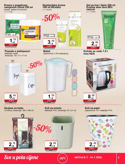 KTC katalog — stranica 3: Bokal, Zavjesa za kadu, OLIVAL Krema s posebnim namjenom Olival 250 ml (konjski balzam ili kurkuma), AFRODITA Depilacijska krema 100 ml Afrodita (vrijedi 08. 07. 2026.–14. 07. 2026.)