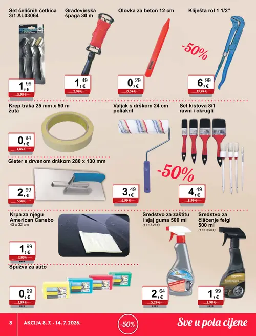 KTC katalog — stranica 8: Olovka za beton 12 cm, Spužva za auto, Krep traka 25 mm x 50 m žuta, Građevinska špaga 30 m (vrijedi 08. 07. 2026.–14. 07. 2026.)