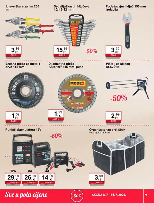 KTC katalog — stranica 9: Lijeve škare za lim 250 mm, MODEX Dijamantna ploča "Jupiter" 115 mm puna, Pištolj za silikon AL57919, Organizator za prtljažnik (vrijedi 08. 07. 2026.–14. 07. 2026.)