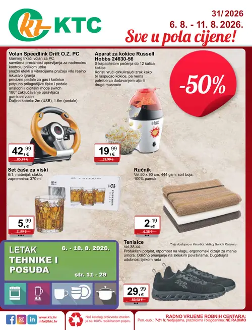 KTC katalog — stranica 1: Volan Speedlink Drift O.Z. PC, Aparat za kokice Russell Hobbs 24630-56, Set čaša za viski, Ručnik (vrijedi 06. 08. 2026.–11. 08. 2026.)