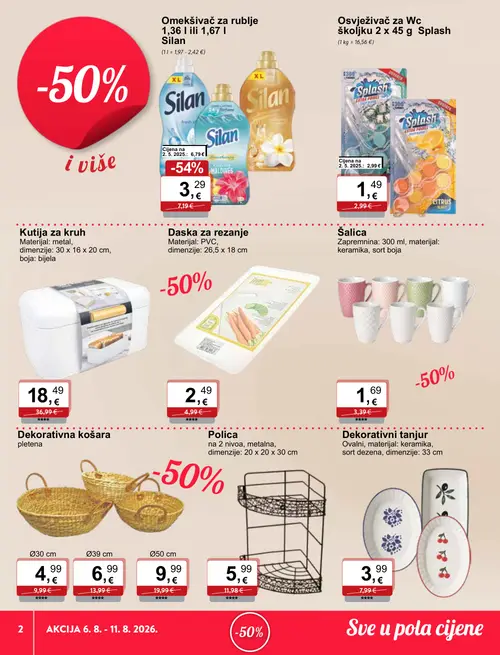 KTC katalog — stranica 2: Silan Omekšivač za rublje 1,36 l ili 1,67 l, Splash Osvježivač za Wc školjku 2 x 45 g, Daska za rezanje, Šalica (vrijedi 06. 08. 2026.–11. 08. 2026.)
