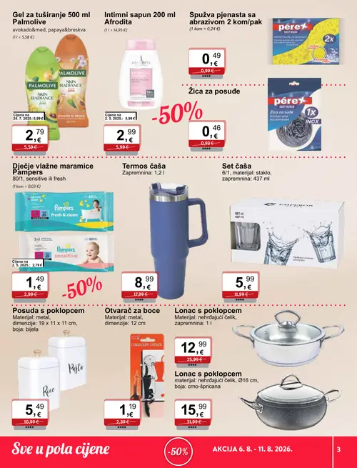 KTC katalog — stranica 3: Spužva pjenasta s abrazivnom 2 kom/pak, perex Spužva pjenasta s abrazivnom 2 kom/pak, Otvarač za boce, Pampers Dječje vlažne maramice Pampers (vrijedi 06. 08. 2026.–11. 08. 2026.)