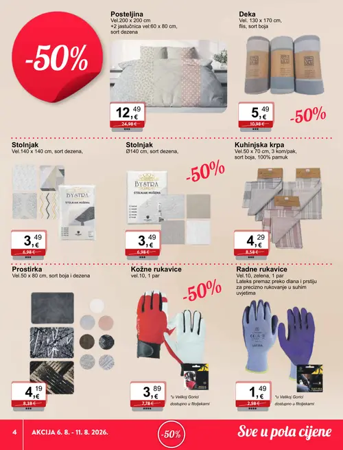KTC katalog — stranica 4: Posteljnina vel.200 x 200 cm, Deka vel. 130 x 170 cm, Stolnjak vel.140 x 140 cm, BYSTRA Stolnjak Ø140 cm (vrijedi 06. 08. 2026.–11. 08. 2026.)