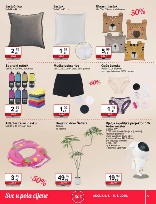 KTC katalog — stranica 5: Jastučnica, Jastuk, Ukrani jastuk, sort dezena, Sportski ručnik, sort boja (vrijedi 06. 08. 2026.–11. 08. 2026.)