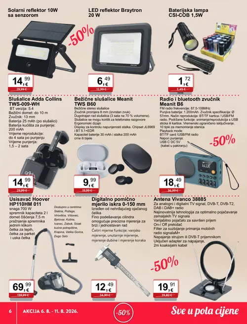 KTC katalog — stranica 6: CSI Baterijska lampa CSI-COB 1,5W, LED reflektor Braytron 20 W, Adda Collins Slušalice Adda Collins TWS-009-WH, Meanit Bežične slušalice Meanit TWS B60 (vrijedi 06. 08. 2026.–11. 08. 2026.)