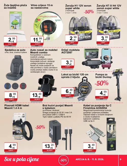 KTC katalog — stranica 9: Finishline Kabel za punjenje tip C, Dunlop Pumpa za bicikl Dunlop, Žuta ljepljiva ploča za insekte, Meanit Plosnati HDMI kabel Meanit 1.4 4 m (vrijedi 06. 08. 2026.–11. 08. 2026.)