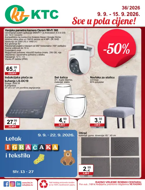 KTC katalog — stranica 1: Set šalica, Otirač, Indukcijska ploča za kuhanje LS-DC19, Navlaka za stolicu (vrijedi 09. 09. 2026.–15. 09. 2026.)