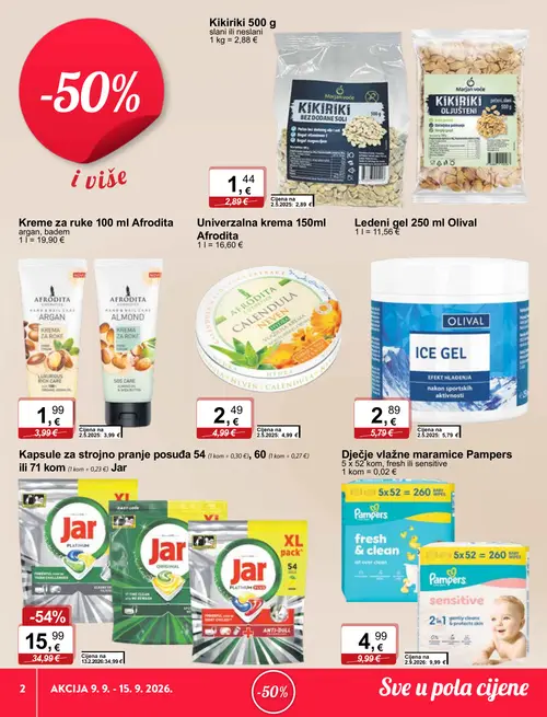 KTC katalog — stranica 2: Jar Kapsule za strojno pranje posuđa Jar, Marjan voće Kikiriki 500 g slani ili neslani, Afrodita Kreme za ruke 100 ml Afrodita argan, Afrodita Univerzalna krema 150ml Afrodita (vrijedi 09. 09. 2026.–15. 09. 2026.)