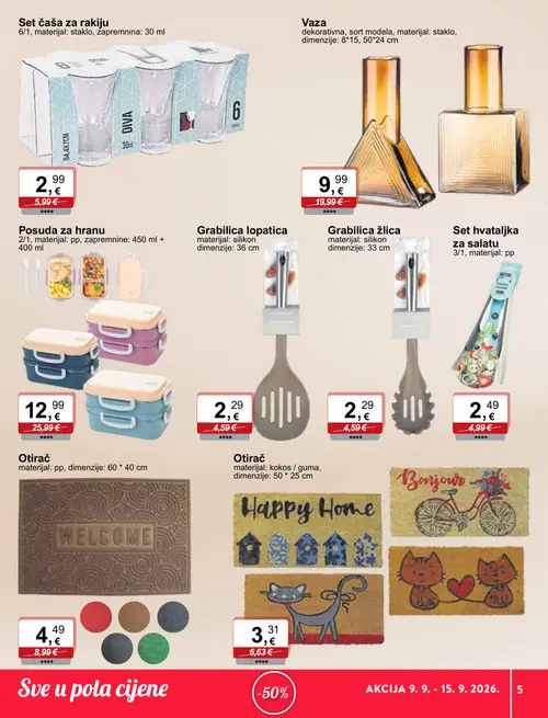 KTC katalog — stranica 5: Set čaša za rakiju, Grabilica lopatica, Grabilica žlica, Set hvataljka za salatu (vrijedi 09. 09. 2026.–15. 09. 2026.)
