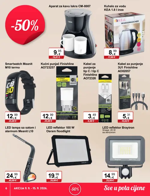 KTC katalog — stranica 6: Finishline Kabel za punjenje tip C / tip C Finishline AO72326, Iskra Aparat za kavu Iskra CM-8007, KEA Kuhalo za vodu KEA 1.8 l inox, Meanit Smartwatch Meanit M10 termo (vrijedi 09. 09. 2026.–15. 09. 2026.)