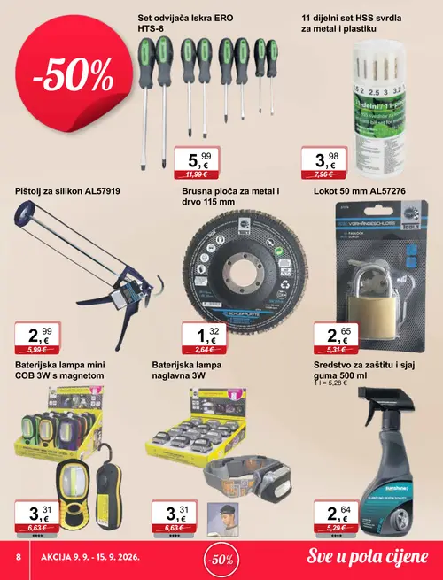 KTC katalog — stranica 8: Sredstvo za zaštitu i sjaj guma 500 ml, Baterijska lampa naglavna 3W, Baterijska lampa mini COB 3W s magnetom, Lokot 50 mm AL57276 (vrijedi 09. 09. 2026.–15. 09. 2026.)
