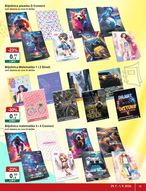 KTC katalog — stranica 13: Bilježnica Matematika 1 i 2 Street, Bilježnica matematika 3 i 4 Connect, Bilježnica pisanka D Connect (vrijedi 29. 07. 2026.–01. 09. 2026.)