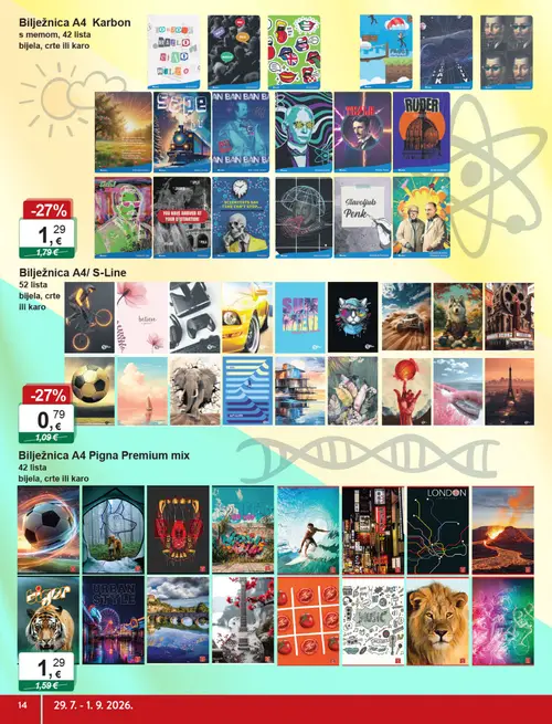 KTC katalog — stranica 14: Bilježnica A4 Karbon, Bilježnica A4 S-Line, Bilježnica A4 Pigna Premium mix (vrijedi 29. 07. 2026.–01. 09. 2026.)