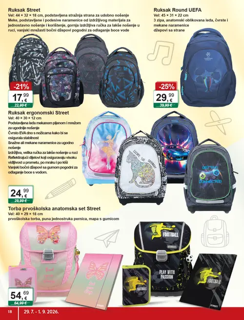 KTC katalog — stranica 18: Ruksa Round UEFA, Ruksa Street, Ruksa ergonomski Street, Torba prvoškolska anatomska set Street (vrijedi 29. 07. 2026.–01. 09. 2026.)